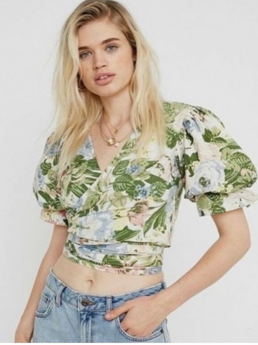 Urban Outfitters Floral Wrap Crop Top in Green and Blue